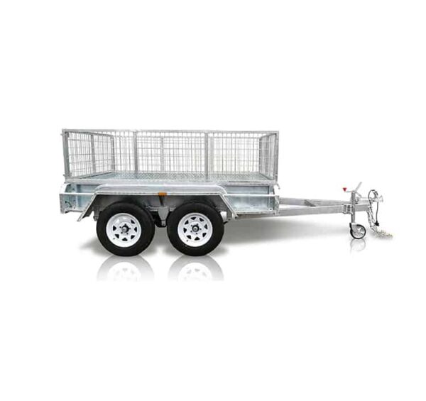 This Premium 12x6 Dual Axle Heavy Duty Tandem Trailer for sale features high mesh sides and a tow hitch, with its silver metal frame and dual wheels reflecting on a white background. Rated at 3500KG ATM, this utility trailer is both robust and functional.