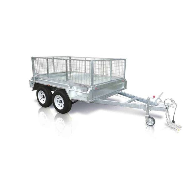 The Premium 8x5 Dual Axle Heavy Duty Tandem Trailer (3200KG ATM), silver with mesh sides and a loading gate, includes a hitch, safety chains, and jack stand for stability. Designed for transporting goods.