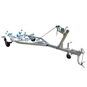 4.8m Galvanized Boat Trailer with 1200kg ATM, suitable for 4.3–4.8m boats, features blue rollers, a hand winch, front wheel, and towing hitch; shown on a white background.