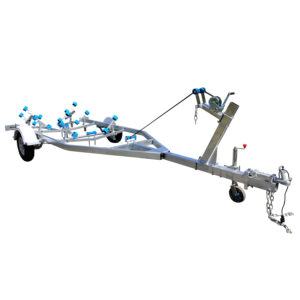 A 4.8m galvanized boat trailer with a single axle, rubber wheels, blue rollers, and a winch cable. It includes a hitch for towing and an attached safety chain. Suitable for boats sized 4.3-4.8m (14.1-15.7ft), the trailer has a 1200kg ATM capacity.
.