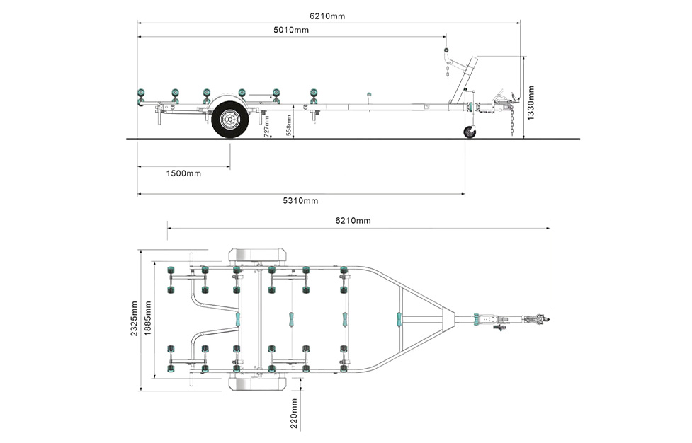 Technical drawing of the 4.8m Galvanized Boat Trailer (750kg ATM, for 4.3–4.8m boats) shows side/top views with labeled dimensions—length (6210mm), width (2395mm), and placement of wheels, rollers, and supports throughout.