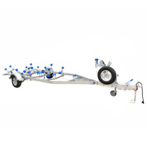 The 6.2m Galvanized Boat Trailer, with a 1400kg ATM, features blue rollers for support, a front-mounted spare tire, and a vehicle hitch. Suitable for transporting boats between 5.7m and 6.2m (18.7-20.3ft).