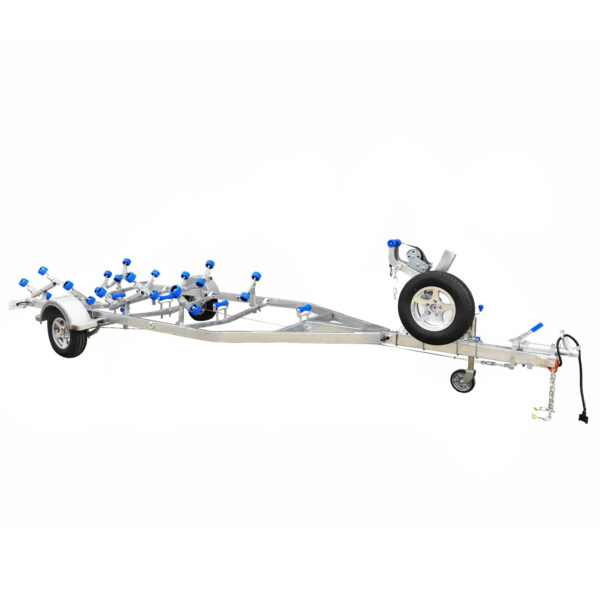 The 6.2m Galvanized Boat Trailer, with a 1400kg ATM, features blue rollers for support, a front-mounted spare tire, and a vehicle hitch. Suitable for transporting boats between 5.7m and 6.2m (18.7-20.3ft).