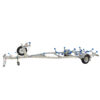 The 6.2m Galvanized Boat Trailer with 1400kg ATM is ideal for transporting boats sized 5.7m-6.2m (18.7-20.3ft). It features a single axle, blue rollers, winch stand, side spare tire, and adjustable brackets against a white background.