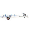 A 6.2m galvanized boat trailer, ideal for boats 5.7m-6.2m, featuring blue rollers and two large wheels on each side, with a spare tire mounted on the front right and a metallic frame extending to a tow hitch; the ground is not visible beneath it.