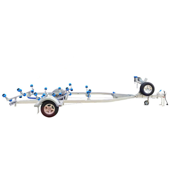 A 6.2m galvanized boat trailer, ideal for boats 5.7m-6.2m, featuring blue rollers and two large wheels on each side, with a spare tire mounted on the front right and a metallic frame extending to a tow hitch; the ground is not visible beneath it.