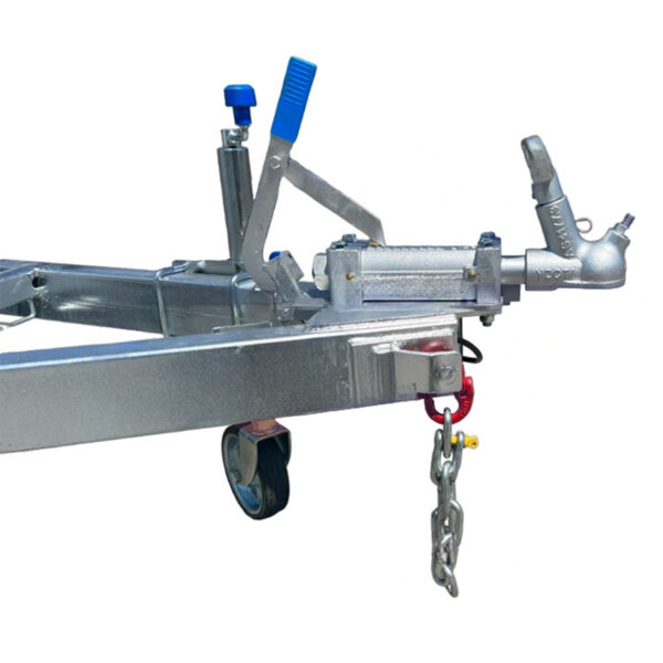 Close-up of the 6.2m Galvanized Boat Trailers metal hitch assembly, featuring a blue handle lever, safety chains, and a wheel, designed for securing a trailer to a towing vehicle against a plain white background. Its ideal for boats 5.7m-6.2m (18.7-20.3ft) with 1400kg ATM capacity.