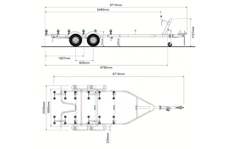 Technical drawing of the 4.8m Galvanized Boat Trailer (750kg ATM) for 4.3-4.8m boats, featuring side/top views with measurements in millimeters, dual wheels, rollers, support components, and labeled width and length dimensions.