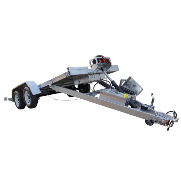 A silver dual-axle Hydraulic Tipper Car Trailer with a 3500KG ATM and a spacious 16.4x6.6FT (5x2M) deck, featuring a sturdy metal frame and visible mechanical components. It has a hydraulically raised platform, hitch for towing, and is designed for transporting vehicles.
