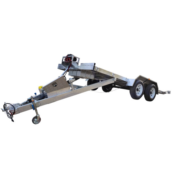 A Hydraulic Tipper Car Trailer with a 3500KG ATM and a 16.4x6.6FT deck features dual wheels, a long frame, front winch, and a silver finish for supporting and transporting boats.