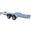 The Hydraulic Tipper Car Trailer features dual axles, white wheels, an angled metallic surface over the rear wheels, a hitch area for vehicle attachment at the front, and a side reflective element. It boasts a 3500KG ATM and a spacious 16.4x6.6FT (5x2M) deck size.