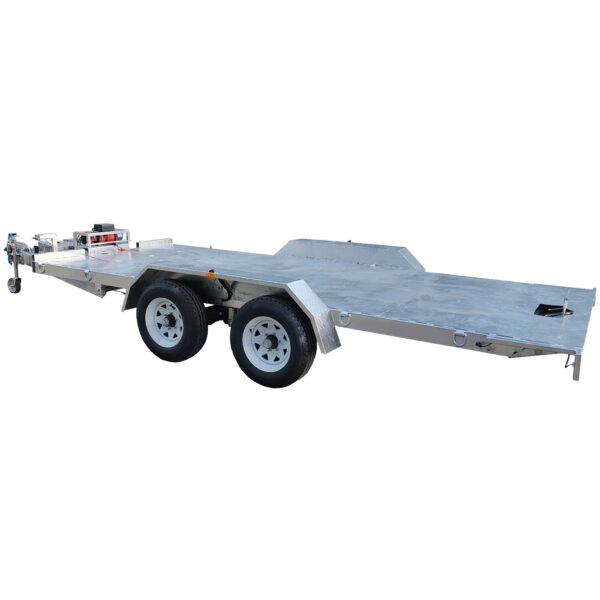 The Hydraulic Tipper Car Trailer features dual axles, white wheels, an angled metallic surface over the rear wheels, a hitch area for vehicle attachment at the front, and a side reflective element. It boasts a 3500KG ATM and a spacious 16.4x6.6FT (5x2M) deck size.