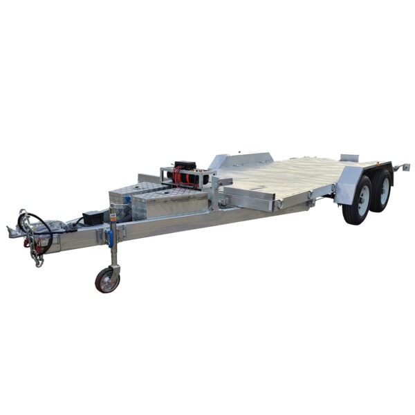 The Hydraulic Tipper Car Trailer offers a metallic frame, dual axles, hitch and wheel for towing, and a 16.4x6.6FT wooden platform designed for vehicle transport. It includes electrical components and storage boxes, with a 3500KG ATM capacity.
