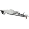 The Dual Axle Premium 3200KG Car Trailer features a 15.7x6.6FT metallic deck for vehicle transport, tow hitch, and an open frame. Shown from a diagonal front view, this trailer ensures reliable towing with its spacious design.
.