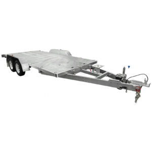 The Dual Axle Premium 3200KG Car Trailer features a 15.7x6.6FT metallic deck for vehicle transport, tow hitch, and an open frame. Shown from a diagonal front view, this trailer ensures reliable towing with its spacious design.
.