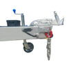 Detailed view of the Dual Axle Premium 3200KG Car Trailer, showcasing a metal hitch with latch, safety chain, and swivel caster for easy movement. A black box and blue handle are situated in the background of this 15.7x6.6FT (4.8x2M) deck trailer.