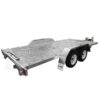 The Dual Axle Premium 3200KG Car Trailer boasts white rims, a metallic finish, and a rectangular deck (15.7x6.6FT) with a grid pattern at the front. Rear lighting and side reflectors are also visible.