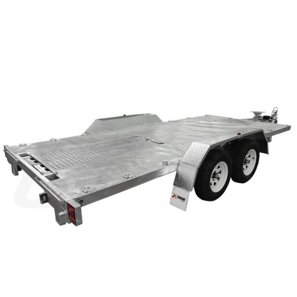 The Dual Axle Premium 3200KG Car Trailer boasts white rims, a metallic finish, and a rectangular deck (15.7x6.6FT) with a grid pattern at the front. Rear lighting and side reflectors are also visible.