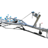 The 4.8m Galvanized Boat Trailer with 750kg ATM is perfect for boats between 4.3m and 4.8m, featuring a metal frame, silver finish, blue rollers, a manual winch, two wheels on a single axle, and protective fenders over each wheel for transporting small watercraft efficiently.
