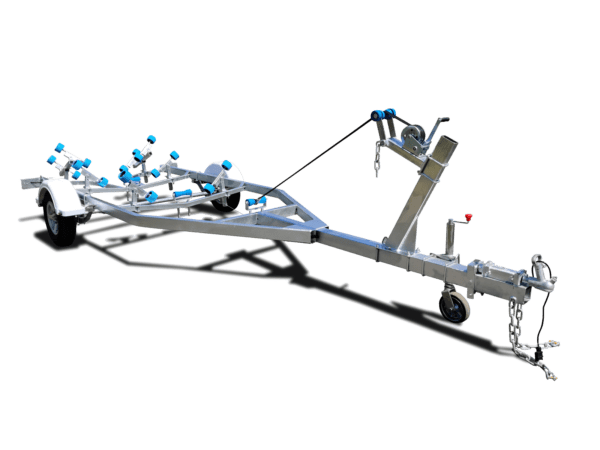 The 4.8m Galvanized Boat Trailer with 750kg ATM is perfect for boats between 4.3m and 4.8m, featuring a metal frame, silver finish, blue rollers, a manual winch, two wheels on a single axle, and protective fenders over each wheel for transporting small watercraft efficiently.