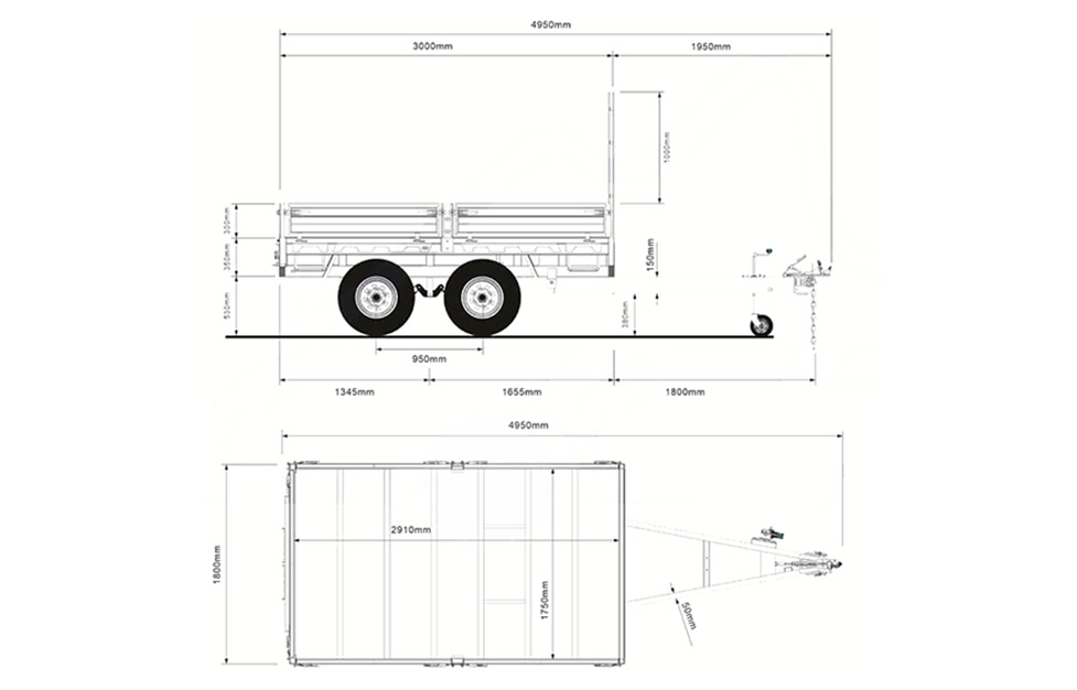 Technical drawing of the 4.8m Galvanized Boat Trailer (750kg ATM) for 4.3-4.8m boats, in mm; side/top views detail key dimensions, wheel positions, gate, and tow hitch with labeled lengths and widths.