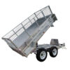 An 8×5 Dual Axle Hydraulic Tipper Tandem Box Trailer - 3500KG ATM With Ramp Holders, featuring a silver mesh-sided tilting bed, two wheels per axle, and a raised ramp for easy unloading. The front hitch is part of its design.