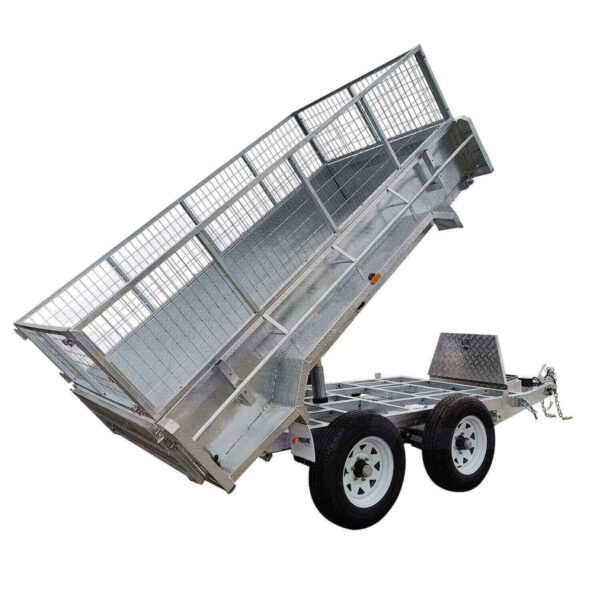 An 8×5 Dual Axle Hydraulic Tipper Tandem Box Trailer - 3500KG ATM With Ramp Holders, featuring a silver mesh-sided tilting bed, two wheels per axle, and a raised ramp for easy unloading. The front hitch is part of its design.