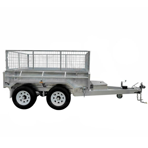The 8×5 Dual Axle Hydraulic Tipper Tandem Box Trailer (3500KG ATM) features mesh side panels, a long tow bar, dual axles, and ramp holders—ideal for hauling materials or equipment.
