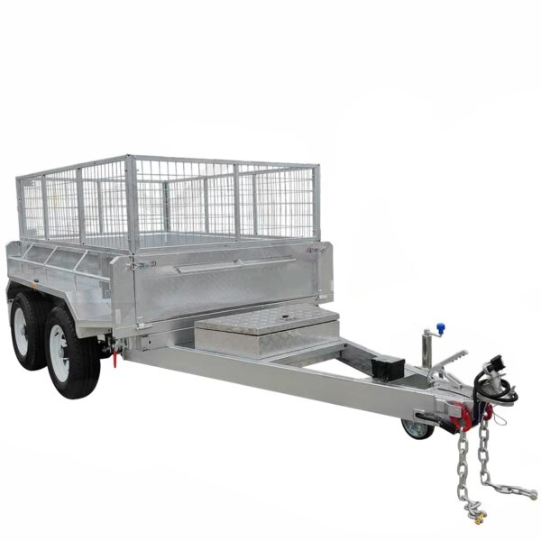 Silver 8×5 dual axle hydraulic tipper tandem box trailer with a mesh cage, front tow bar box, ramp holders, chains, and hitch; features a 3500KG ATM.