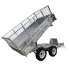 An 8×5 Dual Axle Hydraulic Tipper Tandem Box Trailer (3500KG ATM) with mesh side panels and ramp holders, silver finish, featuring a raised hydraulic tipping bed, isolated on a white background.
