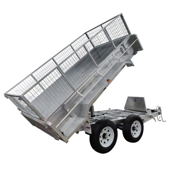 An 8×5 Dual Axle Hydraulic Tipper Tandem Box Trailer (3500KG ATM) with mesh side panels and ramp holders, silver finish, featuring a raised hydraulic tipping bed, isolated on a white background.