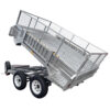 The 8×5 Dual Axle Hydraulic Tipper Tandem Box Trailer – 3500KG ATM with Ramp Holders features a galvanized frame, mesh sides, four wheels, and hydraulic tipping for easy unloading heavy loads.