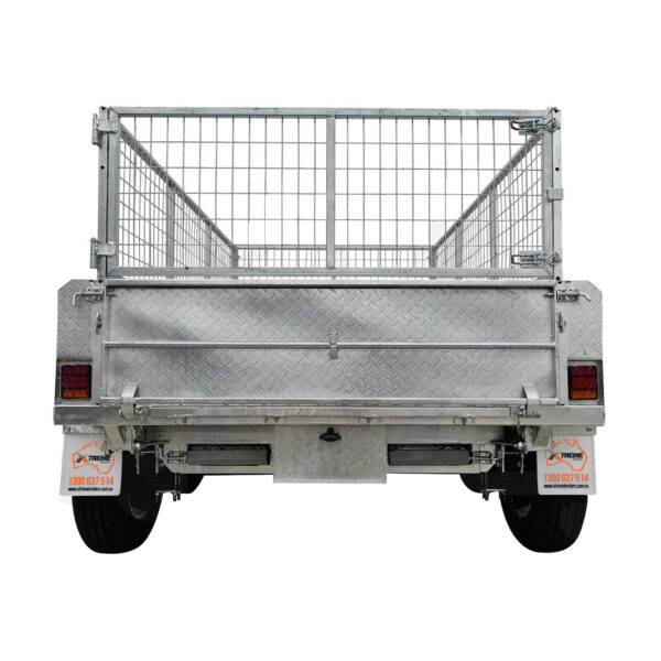 A rear view of the 8×5 Dual Axle Hydraulic Tipper Tandem Box Trailer - 3500KG ATM With Ramp Holders, featuring mesh side panels, a diamond-pattern tailgate, and two small mud flaps with contact info above the wheels.