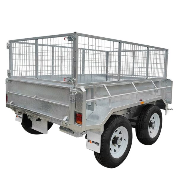 The 8×5 Dual Axle Hydraulic Tipper Tandem Box Trailer - 3500KG ATM With Ramp Holders is against a white backdrop, showcasing wire mesh sides, a sturdy metal frame, two wheels with white rims, a steel body, brake lights at the rear, and a durable metal tailgate.
