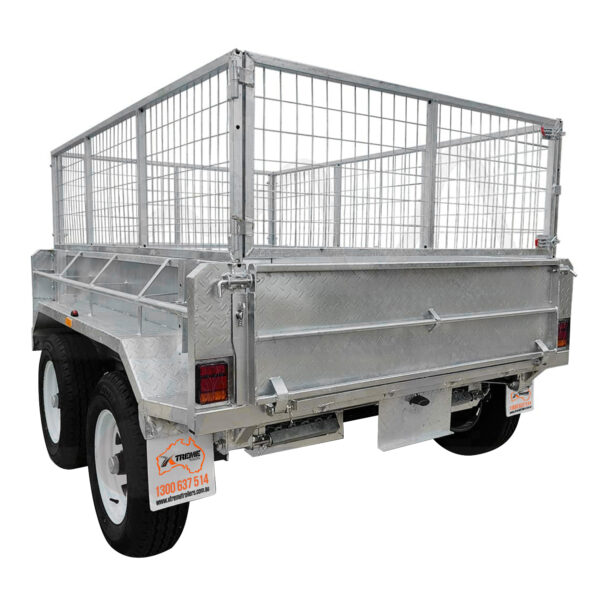 The 8×5 Dual Axle Hydraulic Tipper Tandem Box Trailer (3500KG ATM) features cage-style mesh sides, dual axles, white wheels, ramp holders, and a galvanized finish. Shown empty from the rear left angle.