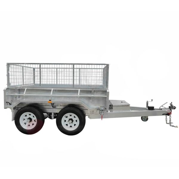 A silver metal 8×5 dual axle hydraulic tipper tandem box trailer (3500KG ATM) with mesh cage, dual wheelsets, tow hitch, and ramp holders appears empty against a plain white background.