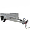 The 8×5 Dual Axle Hydraulic Tipper Tandem Box Trailer - 3500KG ATM features a metal frame, open cargo bed, safety chains, hand brake, two wheels on each side, storage box at the front, and ramp holders. The trailer is set against a plain white background.