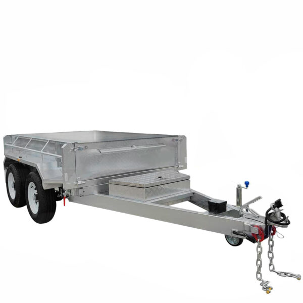 The 8×5 Dual Axle Hydraulic Tipper Tandem Box Trailer - 3500KG ATM features a metal frame, open cargo bed, safety chains, hand brake, two wheels on each side, storage box at the front, and ramp holders. The trailer is set against a plain white background.