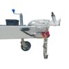 A 12×6 Dual Axle Livestock/Cattle Trailer (3500KG ATM) on a white background features a metallic hitch setup, including a coupler, safety chains, crank handle, and maneuvering wheel. Some parts are painted blue and red.