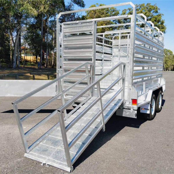 A 12×6 silver Dual Axle Livestock/Cattle Trailer with 3500KG ATM, featuring side rails and two rear ramps, is parked on a road against a backdrop of green trees and a clear sky.