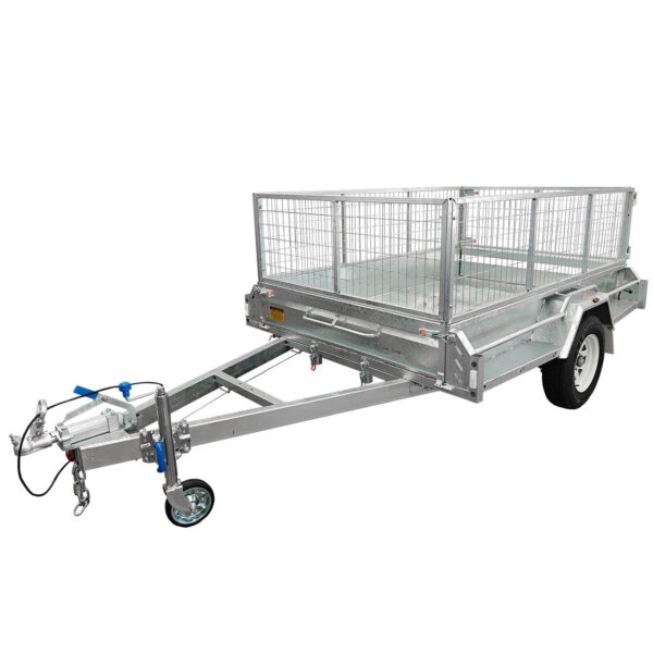 The 7×5 Single Axle Box Trailer ATM 1400KG with Jockey Wheel features silver metal construction, mesh side panels, a single axle with one visible wheel, and a front tow hitch, displayed on a white background.