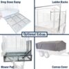 Image displaying four optional extras for the 7×5 Single Axle Box Trailer ATM 1400KG With Jockey Wheel: a drop-down ramp, ladder racks, a mower pad, and a canvas cover. Each is shown in quadrants with text labels for easy identification.