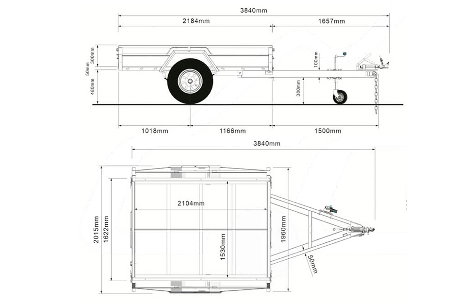 Technical drawing of the 4.8m Galvanized Boat Trailer (750kg ATM, suits boats 4.3–4.8m) shows side/top views with dimensions: length 3840mm, width 2104mm, height 1400mm, plus frame, wheel, and tow bar details.