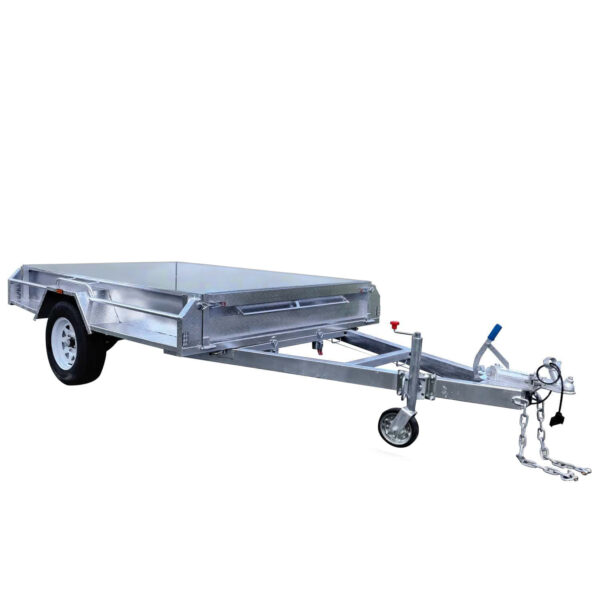 A 7×5 Single Axle Box Trailer ATM 1400KG With Jockey Wheel, featuring a metallic flatbed design with a single axle, two wheels, front hitch for towing, safety chain, and support leg. Its empty and set against a white background.