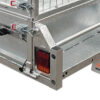 Close-up of the 8×5 Single Axle Box Trailer ATM 1400KG With Jockey Wheel reveals its sturdy, industrial design with red and amber tail light, latches, wire mesh panel, and tread plate floor.