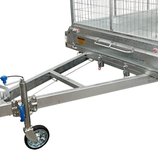 Close-up of the 8×5 Single Axle Box Trailer ATM 1400KG With Jockey Wheel, showing its sturdy metal tow bar, hitch with a single wheel jack, wire mesh cage, and durable diamond plate flooring.