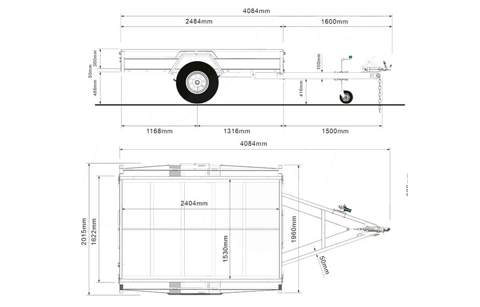 Technical drawing of the 4.8m Galvanized Boat Trailer (750kg ATM, for boats 4.3–4.8m), with side and top views plus precise millimeter measurements for length, width, height, frame, wheel, and towing hitch components.