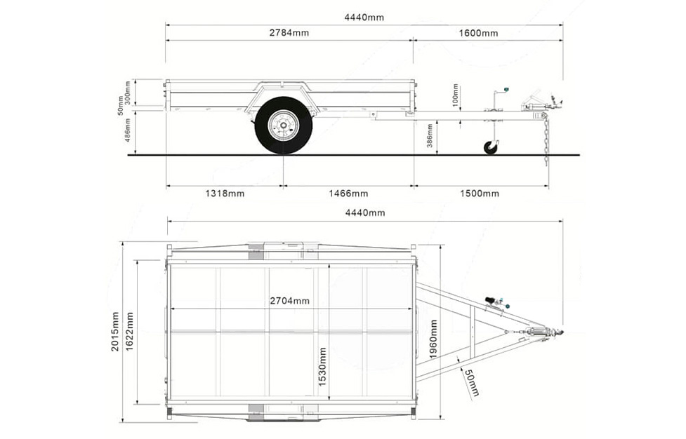 Technical drawing of the 4.8m Galvanized Boat Trailer (750kg ATM), showing top and side views with detailed millimeter measurements for length, width, height, frame, hitch, wheels, and support structures. Ideal for boats 4.3–4.8m (14.1–15.7ft).