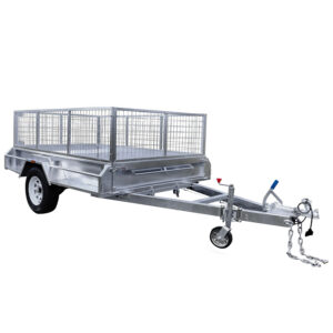 The 9×5 Single Axle Box Trailer ATM 1400KG features silver metal construction, mesh side panels, a single axle with one wheel per side, a hitch with safety chains, and a front jockey wheel for support.
