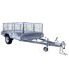 An empty 9×5 Single Axle Box Trailer ATM 1400KG with metal mesh sides, a jockey wheel, and a towing hitch sits parked on a white background.